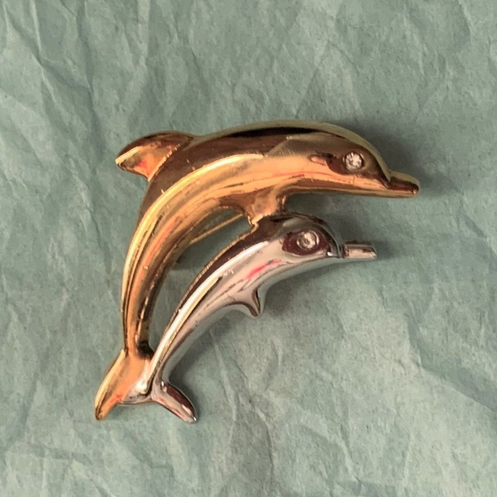 AAI Vintage Dolphin Gold & Silver Stone Pin Brooch - Picture 2 of 4